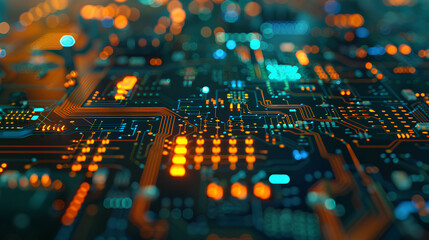 Poster - Printed circuit board futuristic server/Circuit board futuristic server code processing. Orange, green, blue technology background 