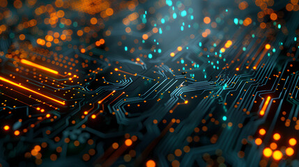 Poster - Printed circuit board futuristic server/Circuit board futuristic server code processing. Orange, green, blue technology background 