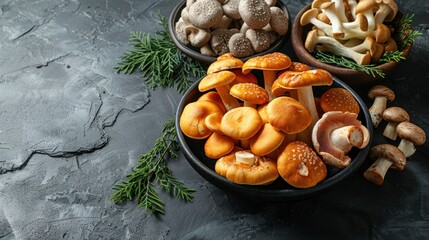 Sticker - Assortment of Fresh Mushrooms on a Black Background