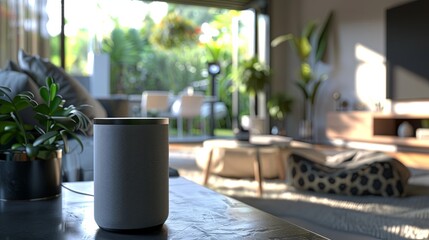 Poster - A sleek voice assistant device sits on a coffee table in a modern, stylish living room, with natural light streaming through the windows. Generative AI