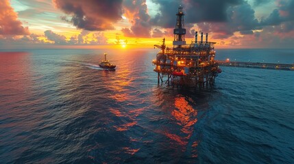 Oil Platform at Sunset with a Support Boat
