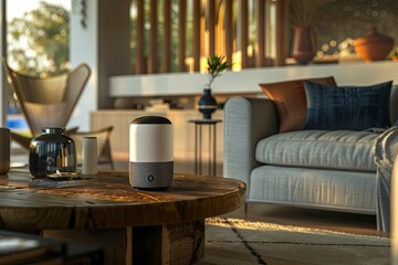 Leinwandbilder - A voice assistant device sits on a coffee table in a stylish living room, ready to interact. The home boasts modern design and cozy amenities. Generative AI