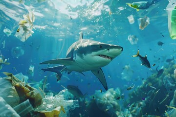 Wall Mural - Great White Shark Swimming in a Sea of Plastic