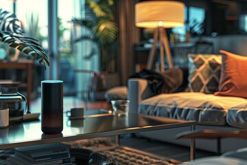 Leinwandbilder - A sleek voice assistant device sits on a glass coffee table in a stylish, modern living room. Generative AI