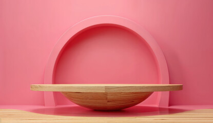 Poster - Empty wooden podium on a wooden surface with a pink background.