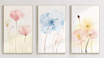 Poster - Three sleek abstract art posters in a minimalistic style, displayed together on a white wall. The designs include delicate watercolor flower illustrations in soft hues of blush pink, sky blue, and