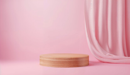 Aufkleber - Empty wooden podium with pink fabric curtain on a pink background.