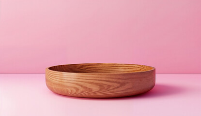 Poster - Empty wooden bowl on a pink background.