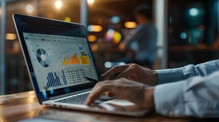 Poster - Sales performance management concept. Businessman use laptop to analyze data and sales performance. Strategic Decision Making for Operations Management, increase sales and business growth