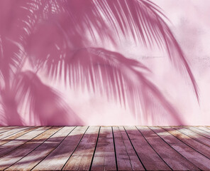 Poster - Shadows of palm leaves on a pink wall with wooden floor.