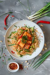 Wall Mural - A photo of an abstract dried crop in the style of Spicy salmon on a white plate with pad thai noodles, spring onions and red chilli on a grey background, in a top view, for food photography, as a flat