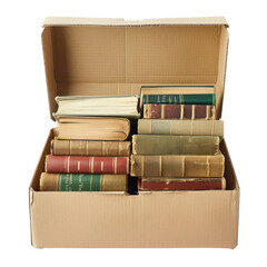 collection of vintage books in a cardboard box, showcasing an array of old and rare books with worn 