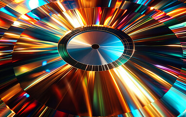 Poster - A CD is shown in a colorful, abstract style. The CD is surrounded by a bright, glowing effect that makes it look like it's spinning. Concept of motion and energy