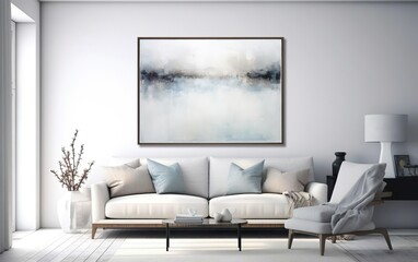 Wall Mural - Living room interior design. Minimalistic style art studio space mockup. Huge white framed blank art canvas on large wall in minimal room. Soft day light. Gallery, exhibition, exposure. AI Generative.