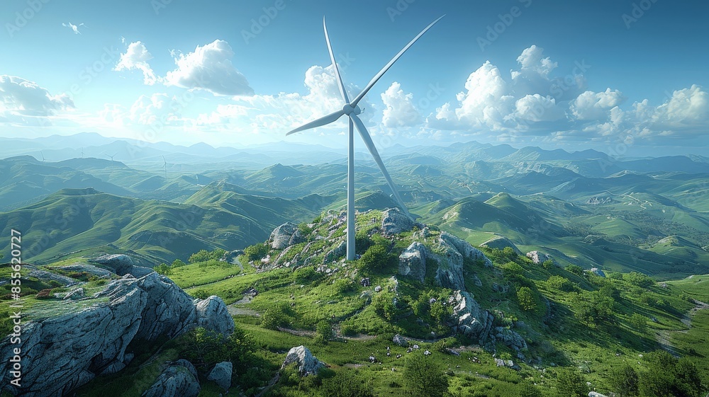 Scenic Landscape with Large Wind Turbine in Lush Green Rolling Hills ...