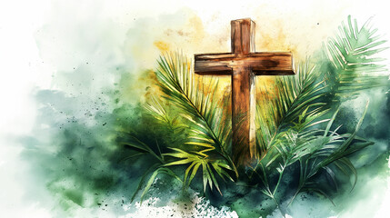 Canvas Print - A cross is drawn on a green background with palm leaves