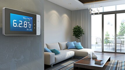 Poster - A sleek, modern smart thermostat is mounted on a living room wall, displaying the current temperature and other control options. Generative AI