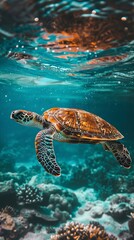 Wall Mural - turtle swimming underwater photography style Made, turtle drawing