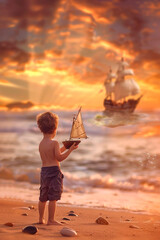 Poster - Child with a toy sailboat on a beach at sunset, with a ship in the background. The dreamy scene evokes a sense of adventure and childhood imagination