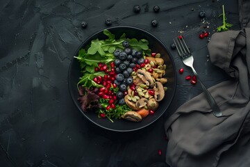 Wall Mural - Photo of a salad with blueberries, pomegranate seeds and mushrooms in a black bowl on a dark background in a top view. On the right side is a fork with a grey colored cloth next to it. Minimalistic st