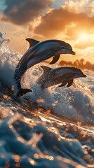 Wall Mural - Playful Dolphins Leaping Through Sunlit Ocean Waves