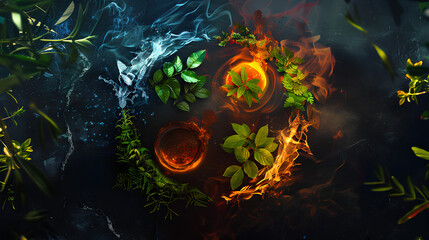 Poster - The four elements of nature in a breathtaking creative design. All four elements forming a circular shape. Earth, wind, fire, air, water. Dramatic dark background emphasizing the elements in the cente