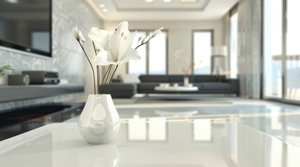 Contemporary living room with white flower in vase