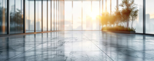 Poster - A large, empty room with a large window and a tree in the corner. The room is very clean and has a modern feel to it