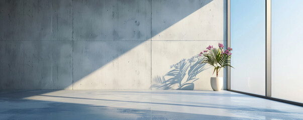 Poster - A large window with a plant in a white vase. The room is empty and the plant is the only decoration