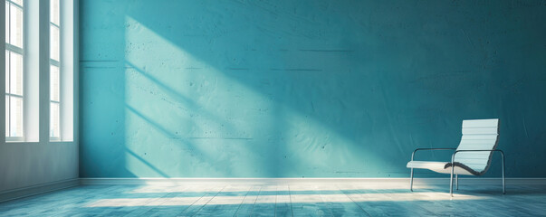 Poster - A white chair sits in front of a blue wall with a window. The room is empty and the chair is the only piece of furniture