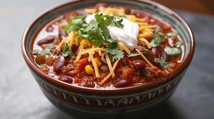Wall Mural - A bowl of hearty vegetable chili topped with sour cream, shredded cheese, and chopped cilantro
