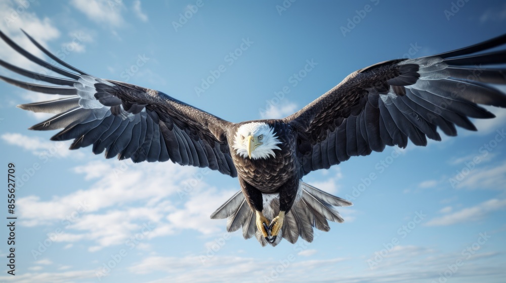 Majestic bald eagle soaring through a clear blue sky, wings spread wide ...