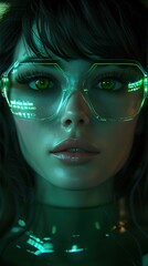 Wall Mural - Captivating Futuristic Portrait of a Serene Female Model with Mesmerizing Green Eyes and Transparent Glasses