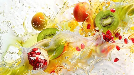 Sticker - Dynamic Watercolor Fruit Splash with Kiwi and Pomegranate on Isolated Background