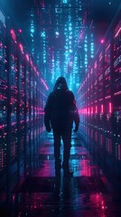 Sticker - Lone Hacker Tracing Digital Trail of Notorious Cyber-Criminal in Neon-Lit Server Farm