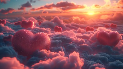 Wall Mural - A detailed image of hearts floating in a dreamy sky with clouds and soft light. The pastel hearts drift gently among the fluffy clouds, with a warm glow illuminating the scene.