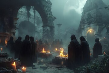 Wall Mural - Ritual Sacrifice for Dark Pact - Cloaked Cultists Surround Agonized Victim in Flickering Firelight and Smoky Haze