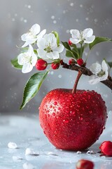 Wall Mural - Serene Fruit Watercolor Study with Delicate Cherry Blossoms and Tranquil Apple