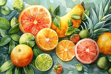 Sticker - Vibrant Fruit Medley with Zesty Citrus and Lush Tropical Botanicals on Dynamic Isolated Background