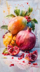 Sticker - Vibrant Watercolor Fruit Still Life with Mango,Pomegranate,and Botanical Flourishes