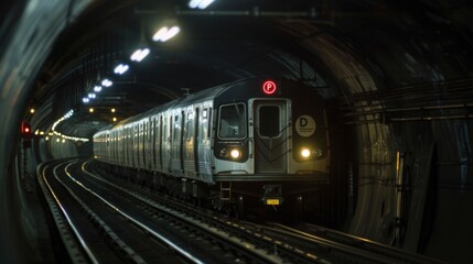 Poster - A commuter train passing through a tunnel, with lights illuminating the dark interior