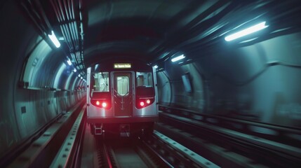 Aufkleber - A commuter train passing through a tunnel, with lights illuminating the dark interior