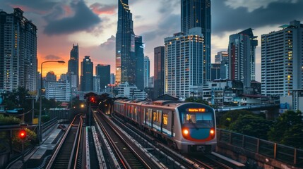 Aufkleber - A commuter train traveling through an urban area with skyscrapers and city lights in the evening