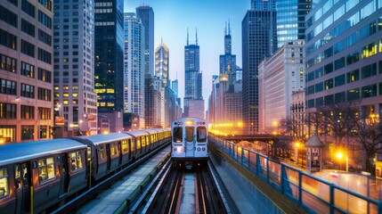 Aufkleber - A commuter train traveling through an urban area with skyscrapers and city lights in the evening