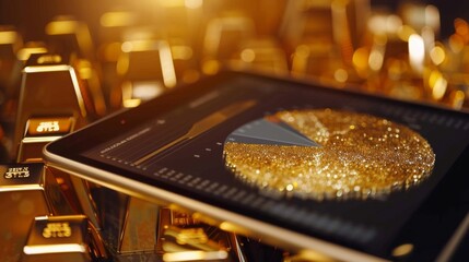 Fototapete - A digital tablet displaying a pie chart illustrating global gold production and consumption statistics