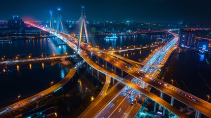 Wall Mural - A drone aerial view of a cable-stayed bridge at night, with traffic flowing and city lights twinkling