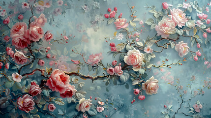 Wall Mural - vintage rose and leaves on blue background.