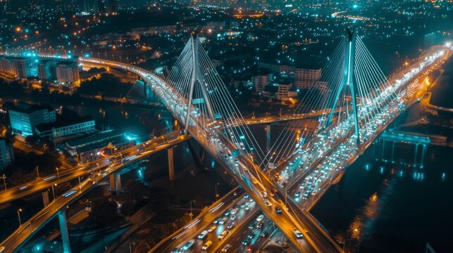 A drone aerial view of a cable-stayed bridge at night, with traffic flowing and city lights twinkling