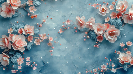 Wall Mural - 3D pink flowers and leaves with branch on blue background with copy space.