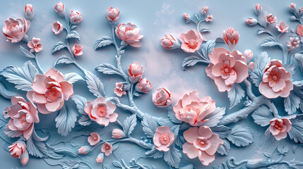 Wall Mural - vintage rose and leaves sclupture on blue background.